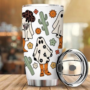 Halloween Cute Ghost Tumbler, Spooky Ghost Stainless Steel Cup, Halloween Cowboy Ghost Tumbler, Funny Ghost 20oz Tumbler, Spooky Season Mug