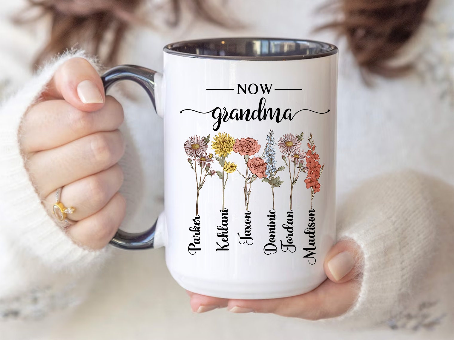 Personalized Birth Month Flower Coffee Cup, First Mom Now Grandma Mug ...