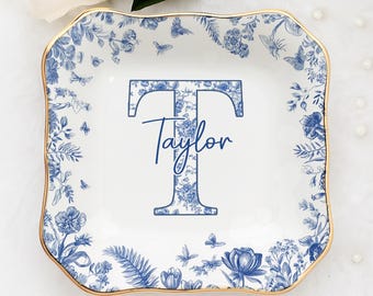 Custom Chinoiserie Initial Ring Trinket Dish, Blue Toile Ring Trinket Dish, Girly Jewelry Dish, Gift for Her, 2025 Christmas Gift for Women