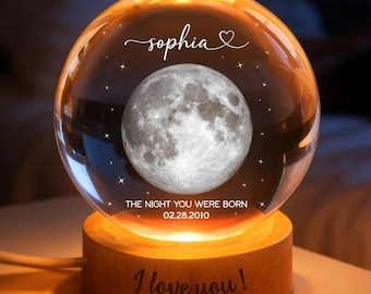 The Day You Were Born Custom Moon Phase by Date, Personalized Crystal Ball LED Night Light, Birthday, Just Because Gift for Friend, Daughter