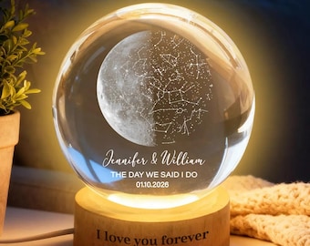 Anpassad månfas- och stjärnkarta med datumlampa, personlig kristallkula nattlampa, stjärnbildskarta, bröllopsdagspresent till par