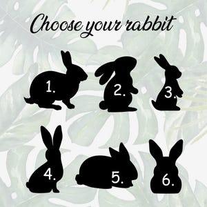 以下が含まれることがあります： 1から6まで番号が付けられたウサギの黒いシルエット画像が6つあります。ウサギを選んでください。