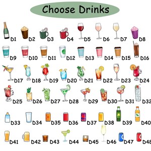 May include: An illustrated selection of drinks, from cocktails and coffee to wine and soft drinks. The text "Choose Drinks" is at the top. Each drink is identified with a letter and number combination.