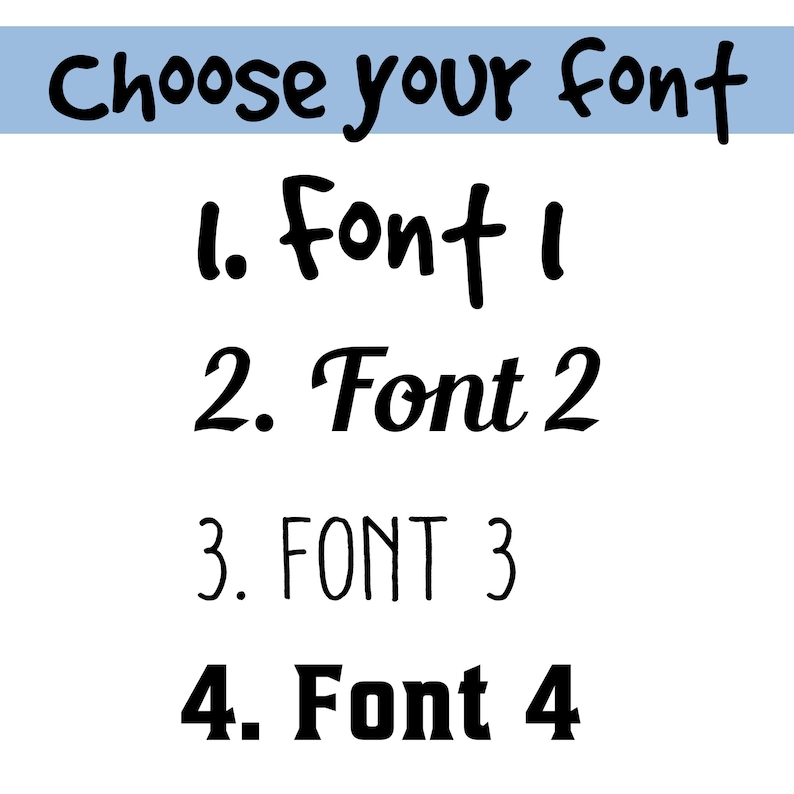 Pu&ograve; includere: Uno sfondo bianco con un banner blu in alto che dice "Scegli il tuo font". Sotto il banner ci sono quattro opzioni di font numerate da 1 a 4. Ogni opzione di font &egrave; visualizzata in uno stile diverso.