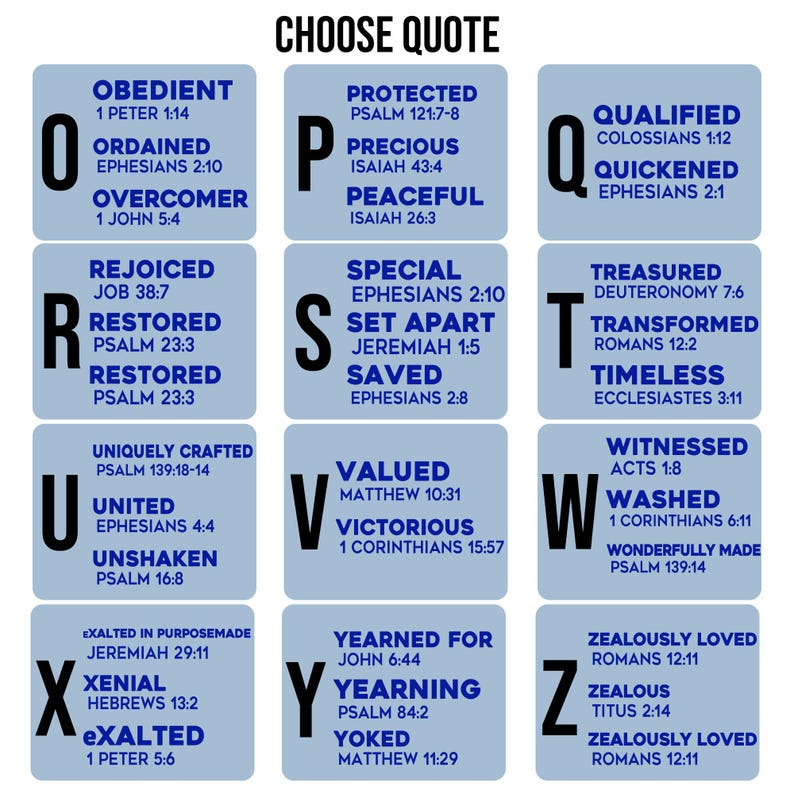 Pu&ograve; includere: Una grafica con il testo "CHOOSE QUOTE" in alto. Sotto ci sono riquadri con lettere con parole ispiratrici e versetti biblici. Le lettere sono O, P, Q, R, S, T, U, V, W, X, Y e Z. Lo sfondo &egrave; azzurro.
