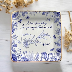 Custom Friendship Jewelry Dish,  Personalized Names & Birth Flowers Tray, Best Friend Gift, Toile Floral Trinket Dish Keepsake, Besties Gift