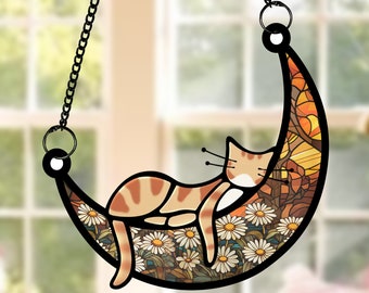 Cat Memorial Suncatcher Sleeping Cat on Moon Loss of Pet Sympathy Gift, Custom Name Cat Ornament Cat Lovers Gifts Cat Passing Remembrance