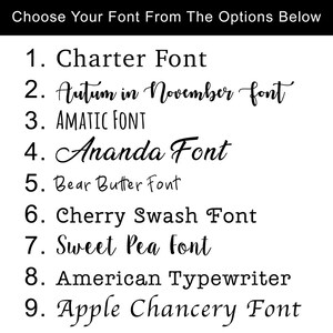 Puede incluir: Una lista de nueve nombres de fuentes diferentes, cada uno con un n&uacute;mero al lado. Los nombres de las fuentes son: Charter Font, Autum in November font, AMATIC FONT, Ananda Font, Bear Butter Font, Cherry Swash Font, Sweet Pea Font, American Typewriter y Apple Chancery Font.