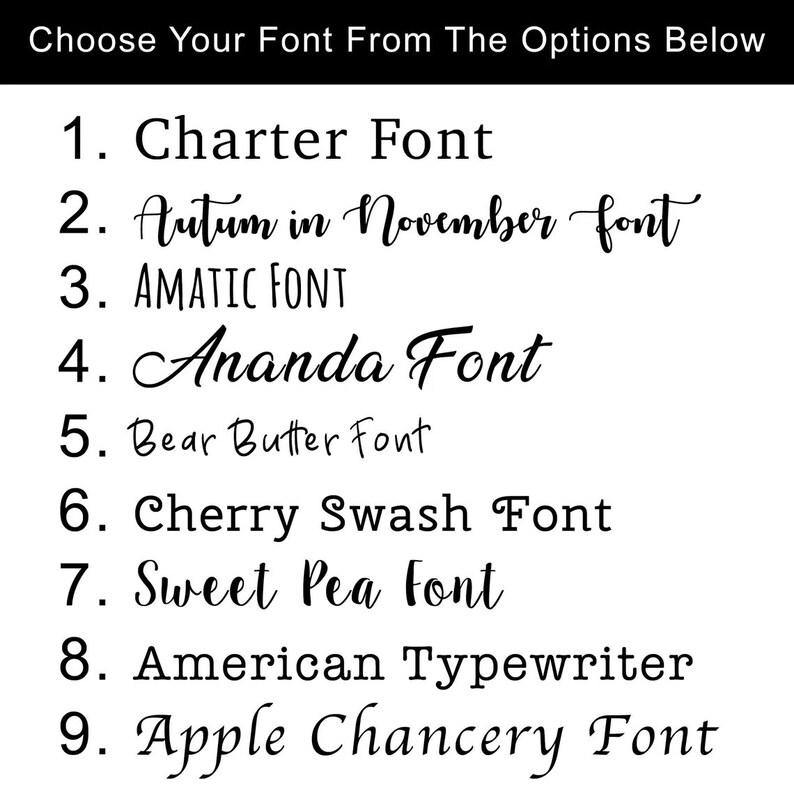 Puede incluir: Una lista de nueve nombres de fuentes diferentes, cada uno con un n&uacute;mero al lado. Los nombres de las fuentes son: Charter Font, Autum in November font, AMATIC FONT, Ananda Font, Bear Butter Font, Cherry Swash Font, Sweet Pea Font, American Typewriter y Apple Chancery Font.