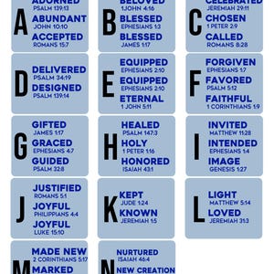 Pu&ograve; includere: Una griglia di quadrati blu, ciascuno con una lettera e un elenco di parole e versetti biblici correlati. Il testo "CHOOSE QUOTE" &egrave; in alto. Le lettere dalla A alla N sono visualizzate, offrendo citazioni ispiratrici.