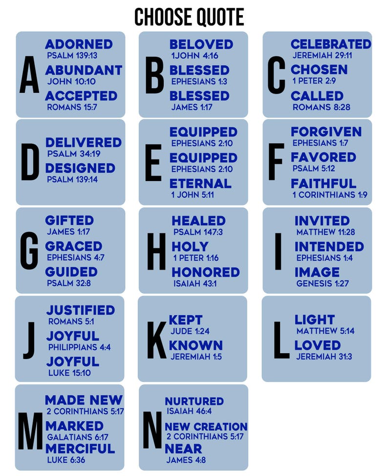 Pu&ograve; includere: Una griglia di quadrati blu, ciascuno con una lettera e un elenco di parole e versetti biblici correlati. Il testo "CHOOSE QUOTE" &egrave; in alto. Le lettere dalla A alla N sono visualizzate, offrendo citazioni ispiratrici.