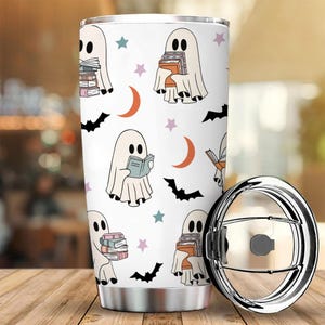 Cute Ghost Reading Tumbler, Halloween Bookish 20oz Tumbler, Funny Reader Stainless Steel Tumbler, Halloween Travel Tumbler, Book Lover Gifts
