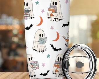 Simpatico bicchiere termico a tema fantasma per la lettura, bicchiere termico da 20 oz a tema libri per Halloween, divertente bicchiere termico in acciaio inossidabile per lettori, bicchiere termico da viaggio per Halloween, regali per amanti dei libri