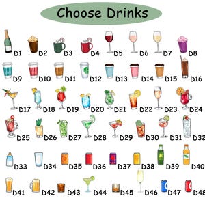 May include: An illustration with a variety of drink options, including cocktails, coffee, wine, and soda. The text "Choose Drinks" is at the top. Each drink is labeled with a letter and number combination, such as D1, D2, etc.