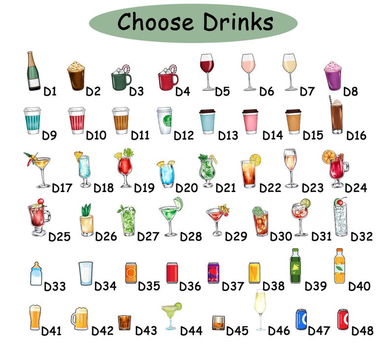 May include: An illustration with a variety of drink options, including cocktails, coffee, wine, and soda. The text "Choose Drinks" is at the top. Each drink is labeled with a letter and number combination, such as D1, D2, etc.