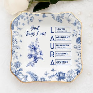 Personalized Christian Name Jewelry Dish With Bible Verses, Custom Scripture Gift for Women, God Says I Am Toile De Jouy, Religious Gift