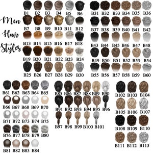 May include: A chart displaying various men's hair styles, labeled B1 through B113. The styles range from short cuts to longer styles, with a variety of colors including black, brown, blonde, and gray. The text "Men Hair Styles" is at the top.