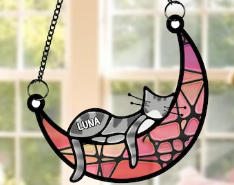 Cat Memorial Suncatcher Sleeping Cat on Moon Loss of Pet Sympathy Gift, Custom Name Cat Ornament Cat Lovers Gifts Cat Passing Remembrance