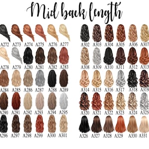 May include: A chart displaying various hair styles and colors, labeled with codes like A272, A273, and A274. The text "Mid back length" is at the top. The hair colors range from black to blonde, with styles including straight, wavy, and curly.