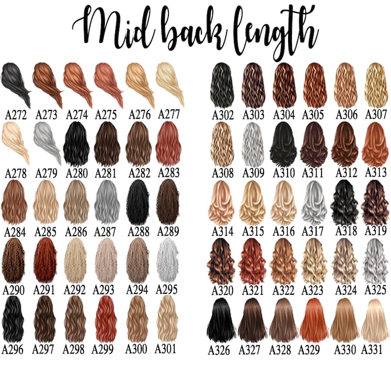 May include: A chart displaying various hair styles and colors, labeled with codes like A272, A273, and A274. The text "Mid back length" is at the top. The hair colors range from black to blonde, with styles including straight, wavy, and curly.
