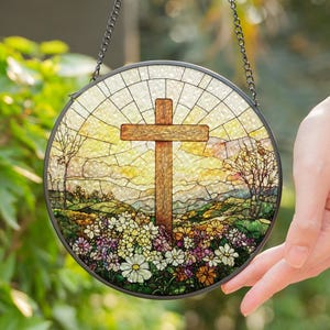 Stained Glass Cross And Wildflowers Suncatcher, Christian Glass Windows Hanging, Flower Cross Gift For Religious, Christian Faith Home Decor