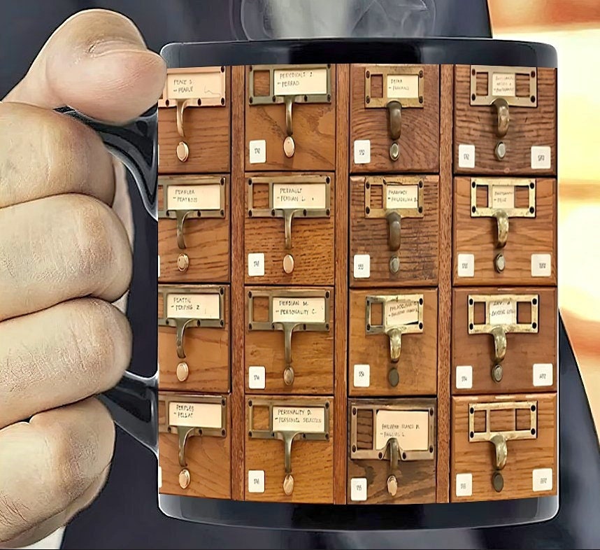 Old Wooden Catalog in Library Mug, Books Mug, Book Lover Mug, Book Mug, Librarian Mug, Bookish Mug, Library Gift, Bookshelf Mug, Wife Gift