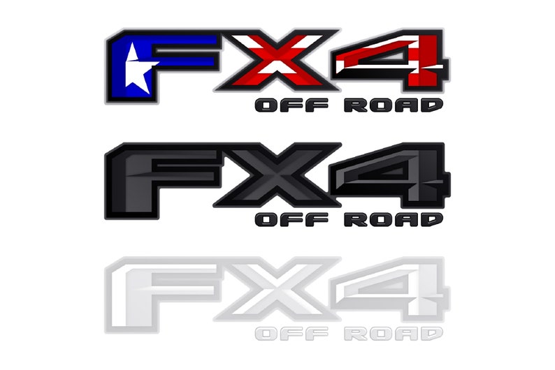 May include: Three different versions of a black and white "FX4 Off Road" logo. The first version has a red, white, and blue American flag design. The second version is black and gray. The third version is white and gray.