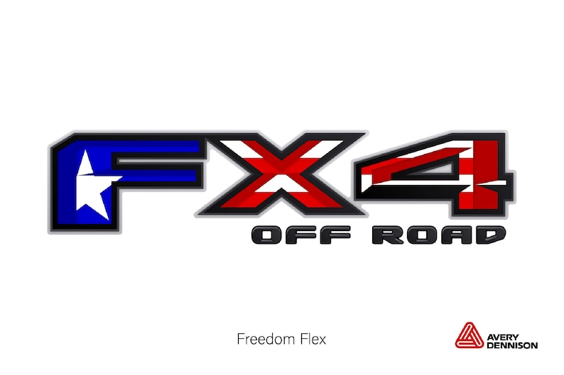 May include: FX4 Off Road decal with a red, white, and blue American flag design. The decal features a blue "F" with a white star, a red, white, and blue "X", and a red, white, and blue "4". The text "OFF ROAD" is in black below the decal.