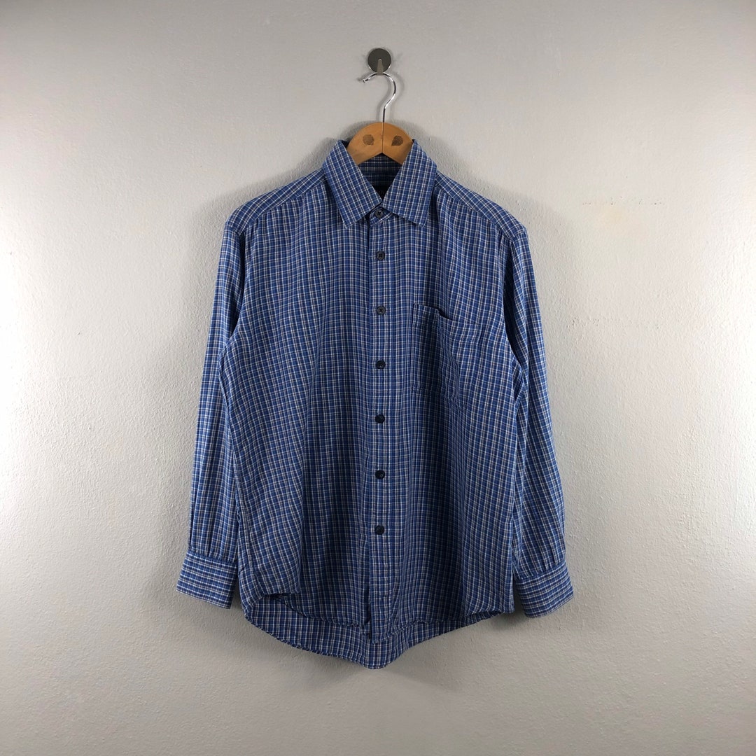 Volunt Menswear Brand Plaid Vintage Fashion Etsy Oxford Flannel up Blue Casual Shirt Button Wear Longsleeve Outfit Medium Japanese Outfits -
