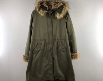 Earth Music & Ecology Grüne japanische Marke Nerzfell Militär Armee Damen Outfits Lange Vintage Parka Jacke Bomber Windjacke Medium