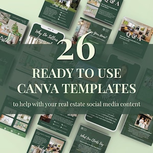 Puede incluir: Un collage de 26 plantillas Canva listas para usar para el contenido de redes sociales de bienes raíces. El texto "READY TO USE CANVA TEMPLATES" está en letras blancas grandes sobre un fondo verde. El texto "to help with your real estate social media content" está en letras blancas más pequeñas debajo del texto más grande.