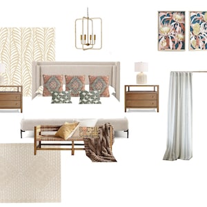 Moodboard personalizzato di interior design, e-design, styling per la casa, decorazione virtuale, aggiornamento della stanza, collegamenti ai prodotti, decorazioni per la casa, design della stanza
