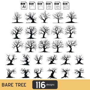 Silhouette di un albero spoglio con rami spogli e dettagliati. Clipart di alberi minimalisti perfetti per progetti creativi, decorativi e digitali.