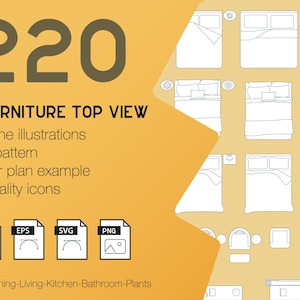 220 vista superior de móveis (escala 1/50) - Ilustrações de vetor de linha - Elementos de móveis – Quarto - Sala de estar – Banheiro – Cozinha