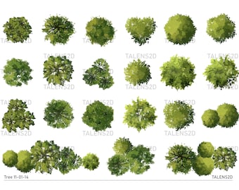 May include: A collection of 20 different green tree top views, rendered in a watercolor style. The trees are all different shapes and sizes, and they are all set against a white background.