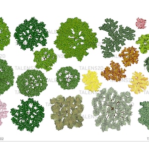 May include: Top view of various trees in different colors and shapes, including green, yellow, brown, and pink. The trees are arranged in a random pattern on a white background. The image is labeled "Tree 11-01-02" in the bottom left corner.