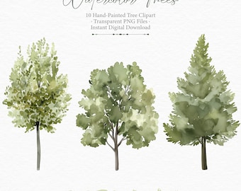 May include: A digital collection of 10 hand-painted watercolor trees in various shades of green. The text reads Watercolor Trees, 10 Hand-Painted Tree Clipart, Transparent PNG Files, Instant Digital Download, and 10 transparent png files.