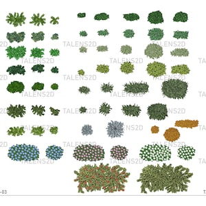 May include: A collection of 30 different green, blue, white, and red plant and flower top views. The image includes the text "TALENS2D" and "Plant 11-10-03".