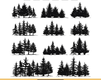 Forest Tree Silhouettes Bundle | 60 Pine Clipart PNG, SVG (Digital Download)