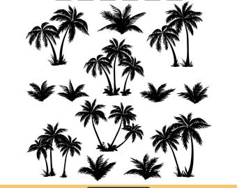 May include: A set of 55 black and white silhouette designs of palm trees in various styles. The designs include single palm trees, groups of palm trees, and palm trees with leaves. The designs are perfect for use in crafting, scrapbooking, and other creative projects.