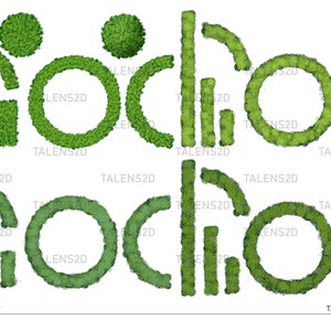 May include: A green plant design spelling out the word "ROCIOC" in two rows. The design is made up of circles, semi-circles, and rectangles.