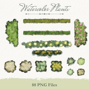 フロアプランの低木PNG、手描きの植物、生垣、花壇の俯瞰図88点、景観デザイン用の水彩画風ガーデンクリップアート