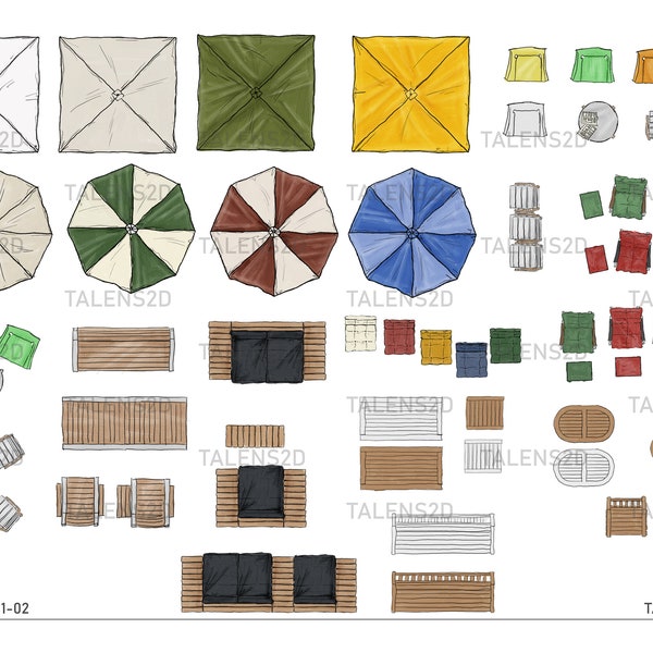 Furniture garden top view, 2D landscape top view for floor plans, PNG files for download