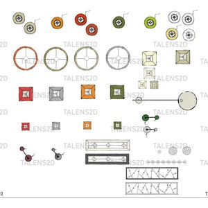 Könnte beinhalten: Eine digitale Illustration verschiedener Möbelstücke, darunter Stühle, Tische und Lampen. Die Möbel sind in einem einfachen, cartoonartigen Stil mit verschiedenen Farben gezeichnet, darunter Rot, Orange, Grün und Braun. Der Text "TALENS2D" erscheint im gesamten Bild.
