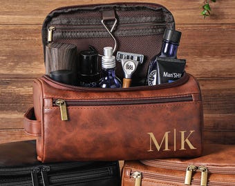 Gepersonaliseerde leren toilettas voor heren, cadeaus bruidsjonkers, gegraveerde dopp-kit, kerstcadeau voor hem, reistoilettas, leren accessoire