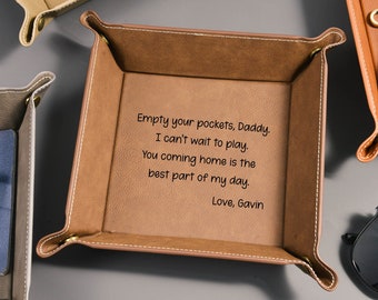 Bandeja de valet personalizada para papá, regalo del Día del Padre, regalo para hombres, bandeja de cuero personalizada, bandeja de mesa, bandeja para llaves, organizador de escritorio