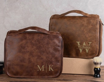 Personalized Groomsmen Gifts for Him, Custom Men's Leather Toiletry Bag, Engraved Dopp Kit, Anniversary Gift, Hanging Travel Organizer Bag