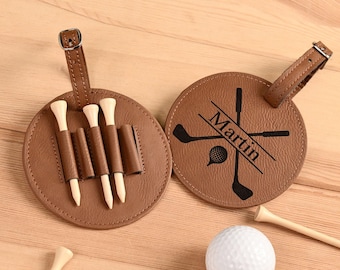 Personalized Leather Golf Bag Tag, Engraved Golf Tee Holder, Custom Golf Gifts for Men Woman, Golf Accessories, Golf Party Gifts for Him Her