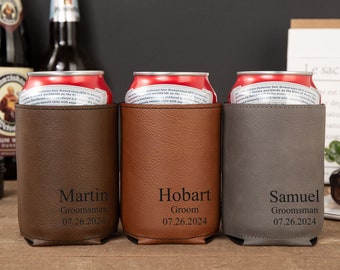 Groomsmen Can Cooler Holder, Best Groomsman Gift Personalized, Best Man Gift for Him, Engraved Beer Can Holder, Men's Leather Accessory