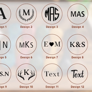 May include: Twelve different monogram and text design options for a personalized stamp. The designs include a single letter, two letters, three letters, initials with a heart, initials with an ampersand, initials with a wreath, and text.